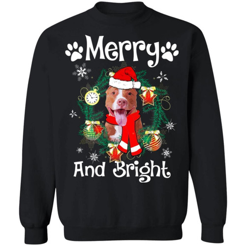 Merry And Bright Pit Bull Dog Xmas Sweater Gift Idea