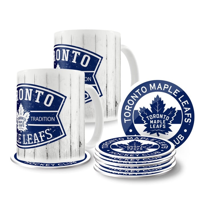 Toronto Maple Leafs 15oz Barn Board Mug Set with  8 Pack Coasters