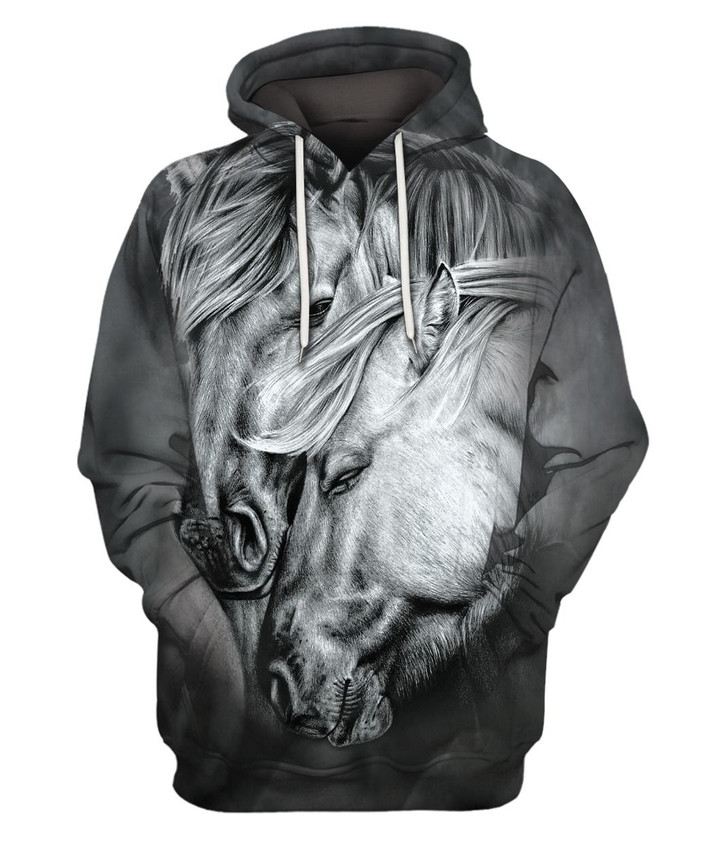 Horse Girl Two Head Horses Love Conection Pullover Hoodie 3D Graphic Printed Unisex Hooded