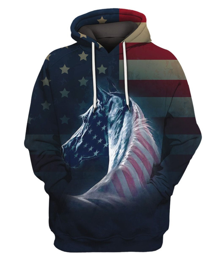 Horse American Flag And Horse Pullover Hoodie 3D Graphic Printed Unisex Hooded Horse Sweatshirt