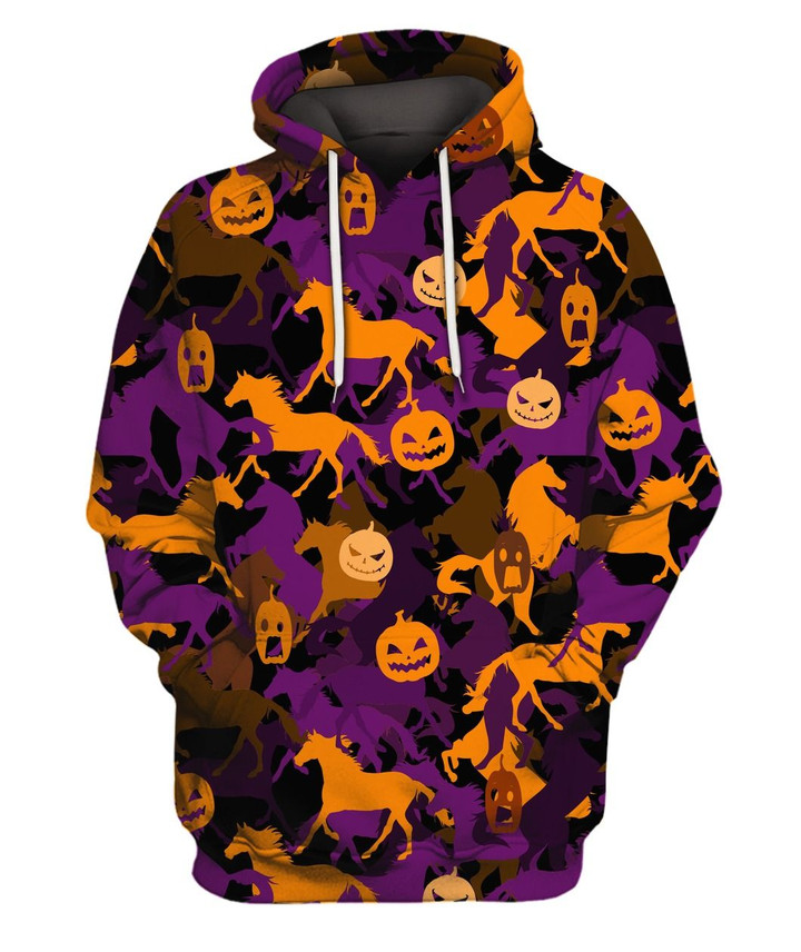Horse Girl Halloween Horses And Pumpkins Pullover Hoodie 3D Graphic Printed Unisex Hooded