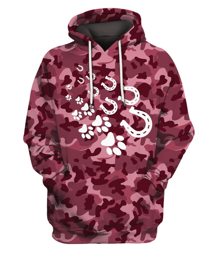 Horse Girl Love Dogs And Horses Foot Print Red Camo Pullover Hoodie 3D Graphic Printed Unisex Hooded