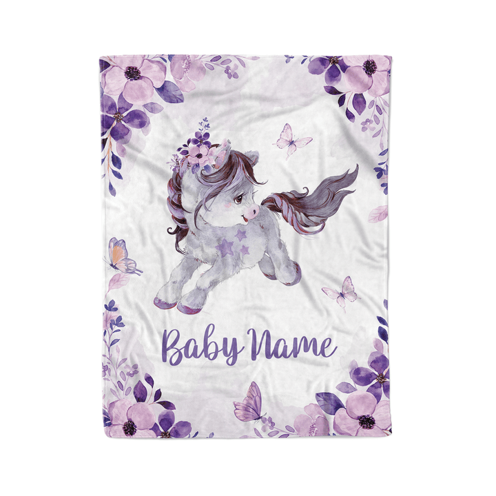 [LIMITED EDITION] Personalized Baby Blanket for Boy, Cozy Plush Fleece Blanket, Custom Baby Name, With Baby Onesie and BIB, Bankets for Kid (Horses Floral)