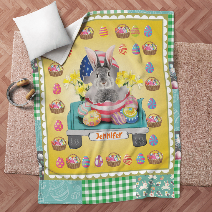 Personalized Cute Easter Bunny In The Truck Blanket Gift To Kids In Easter Day