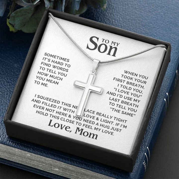 To My Son First Last Breath I Love You The Same Cross Necklace, Personalized Name On Message Card, Gift To Son From Mom