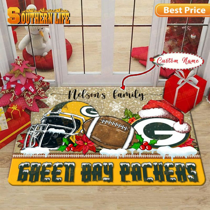 Green Bay Packers Christmas Rubber Base Doormat - Custom Name GR855