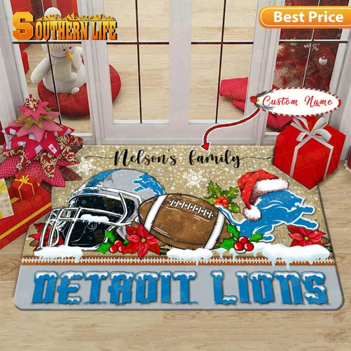 Detroit Lions Christmas Rubber Base Doormat - Custom Name LN6219