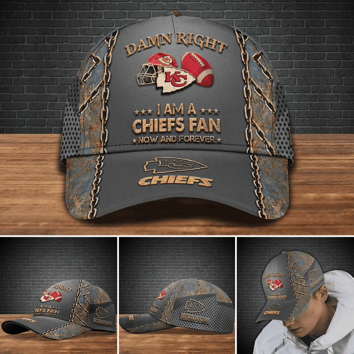 NFL Kansas City Chiefs (Your Name) Damn Right I Am A Chiefs Fan Now And Forever 3D Cap Nicegift 3DC-U7G5
