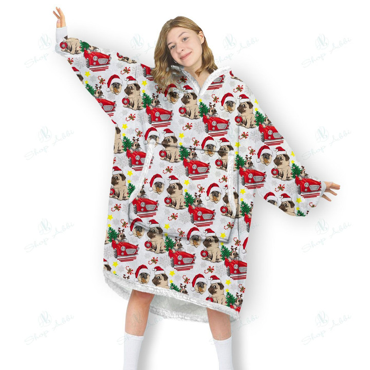 Pug Dog Noel Blanket Hoodie, Comfortable Giant Hoodie Blanket for Women Men Adults, Christmas, OS-HHA0043