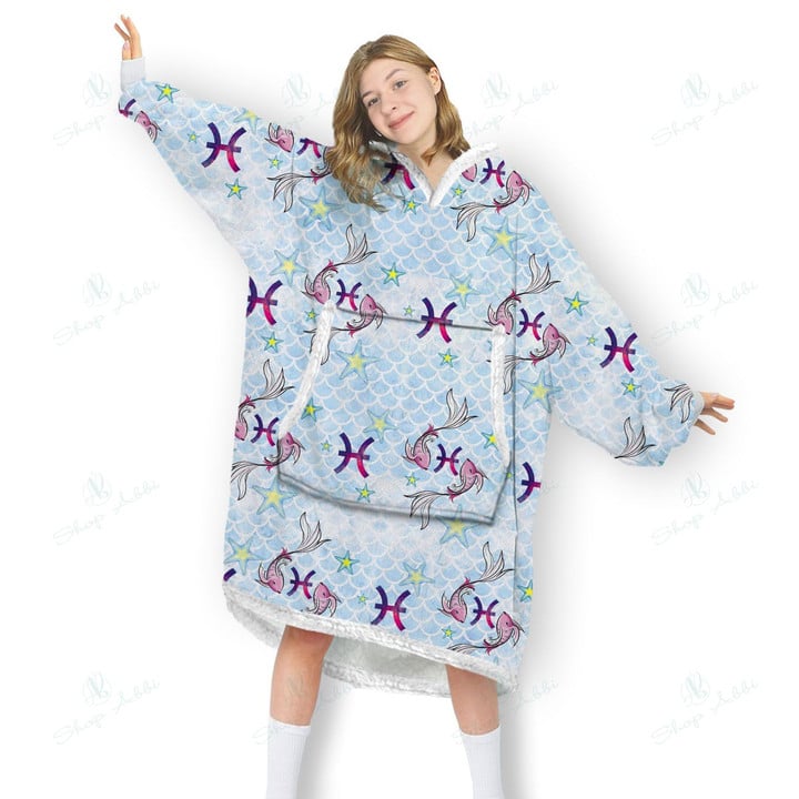 Pisces Zodiac Blanket Hoodie, Comfortable Giant Hoodie Blanket for Women Men Adults, OS-HHA0035