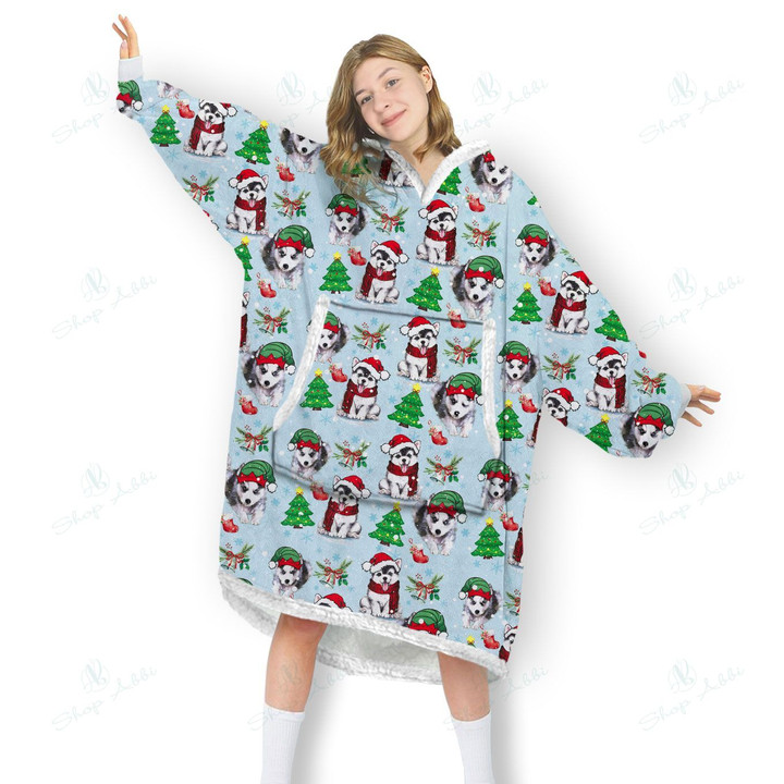 Husky Dog Noel Blanket Hoodie, Comfortable Giant Hoodie Blanket for Women Men Adults, Christmas, OS-HHA0042