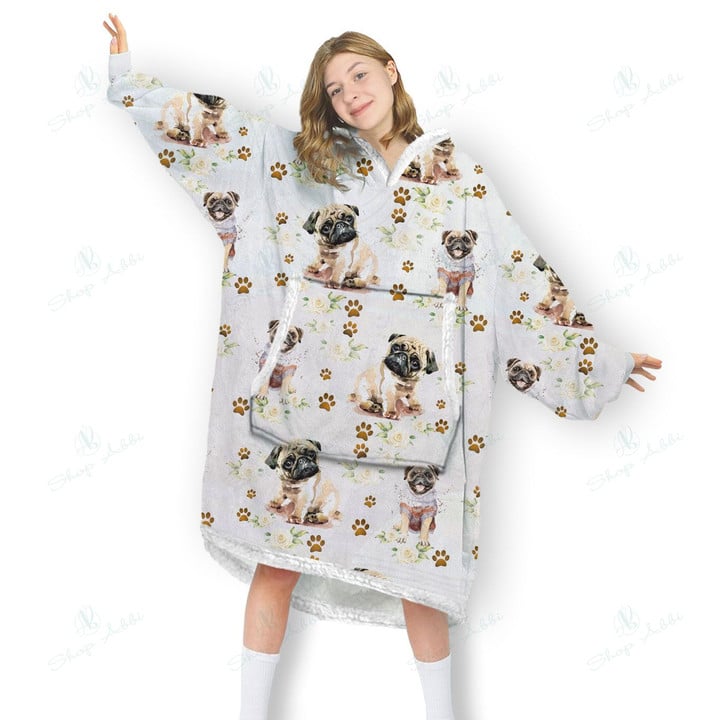 Pug Dog Blanket Hoodie, Comfortable Giant Hoodie Blanket for Women Men Adults, OS-HHA0040