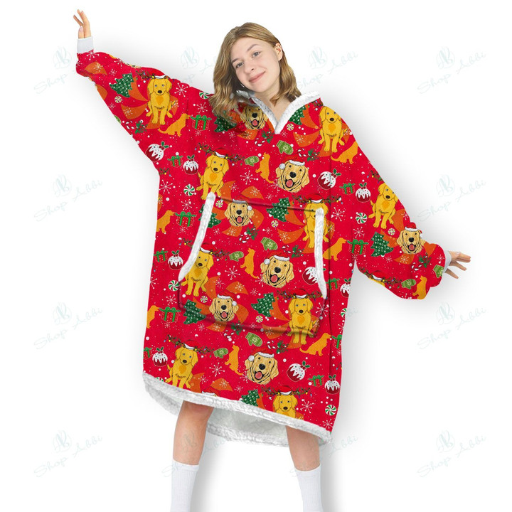 Golden Dog Noel Blanket Hoodie, Comfortable Giant Hoodie Blanket for Women Men Adults, Christmas, OS-HHA0041