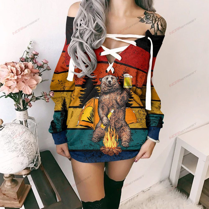 Vintage 3D Dream Bear Camping Lace-Up Sweatshirt 27