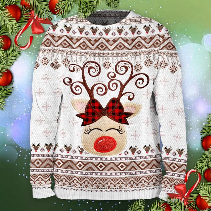 Reindeer Plaid Bow Wool Sweater - TG1021TA