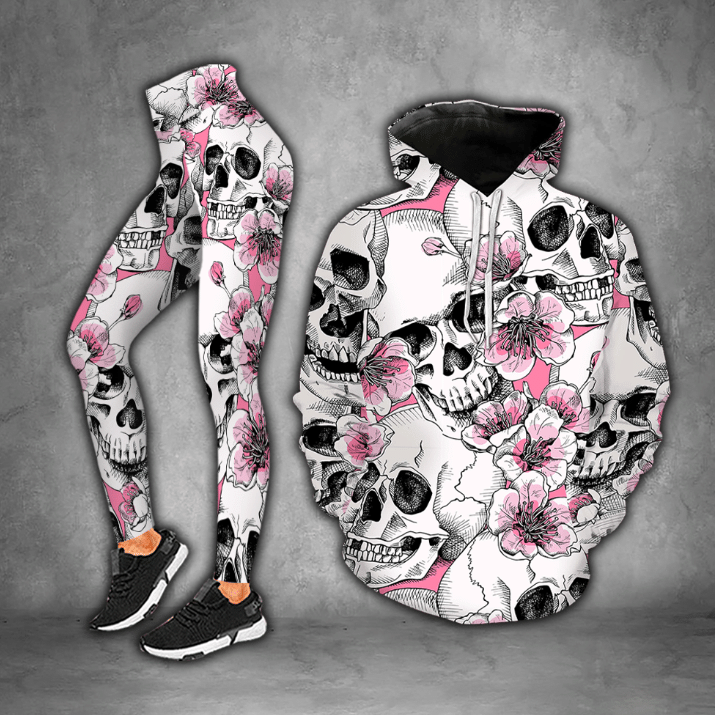 Pink Skull Flower Pattern Sweatpants and Fleece Zip Hoodie Set