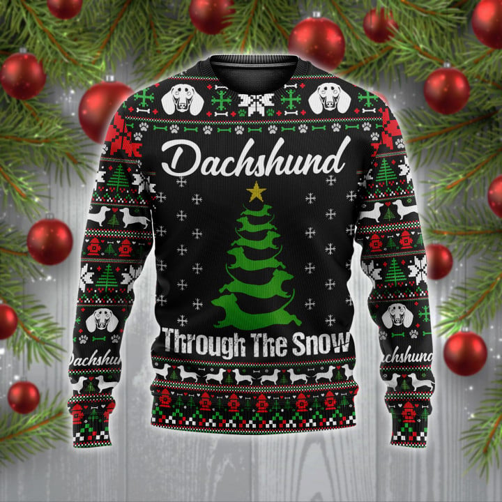 Dachshund Through The Snow Christmas Tree Wool Sweater - TG1021DT