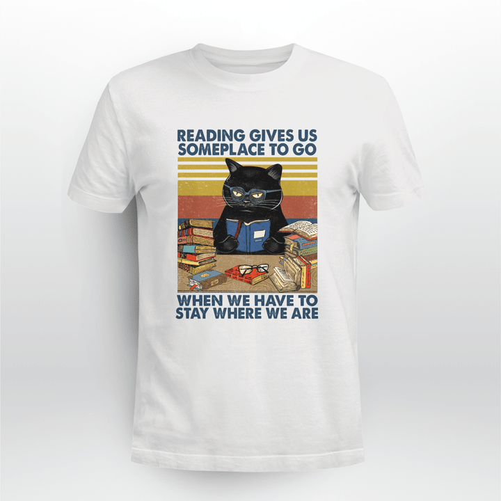 Black cat reads books Tshirt - HN1121OS