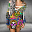 Hippie Skull lady Sexy Lace Up Deep V-Neck Off Shoulder Long Sleeve Dress - TT0122TA