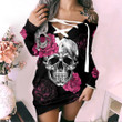Pink Rose and Skull lady Sexy Lace Up Deep V-Neck Off Shoulder Long Sleeve Dress - TT0122TA