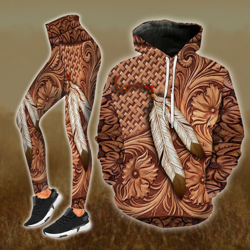 Brown Native Feather Legging And Hoodie Set