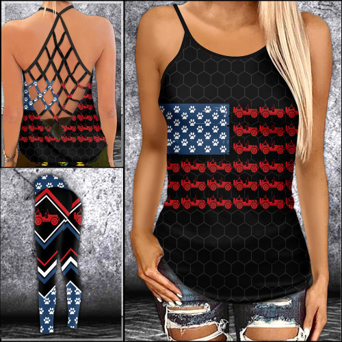 Jeep And Dog Red White And Blue Criss-cross Tanktop and Legging set