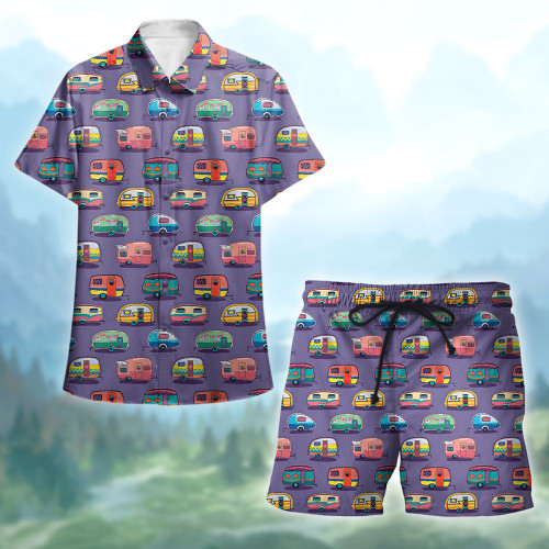 Camping Purple Hawaii Shirt and Short Set