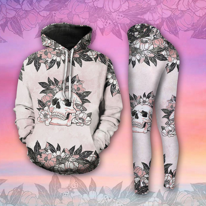 Skull Flowers Butterfly Pale Pink Legging and Hoodie Set - TG0821QA