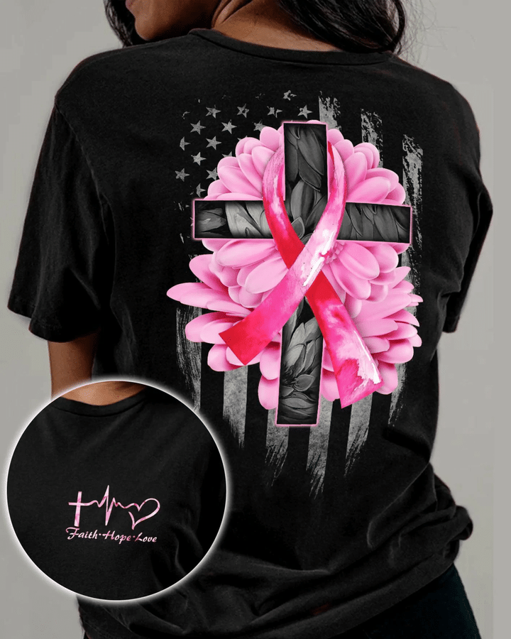 Flowers Pink Ribbon Flag Breast Cancer T-shirt - TG0822