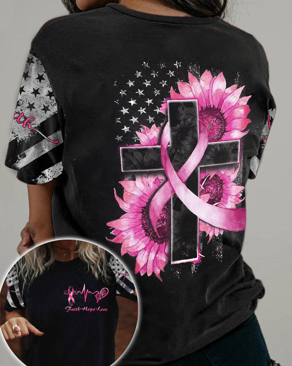 Sunflower Cross Ribbon Flag Breast Cancer T-shirt - TG0822TA