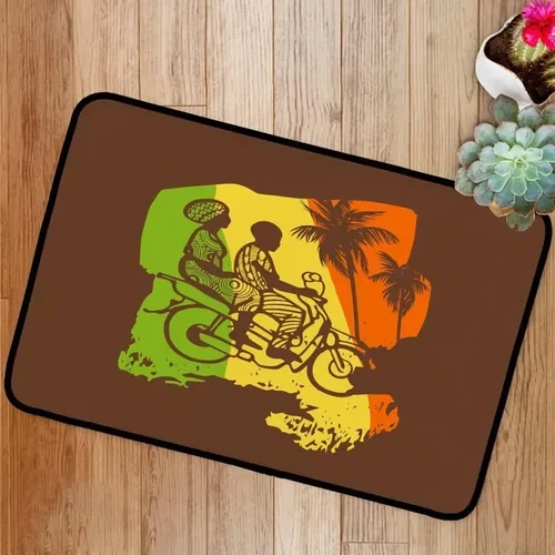 African Flag Of Mali With Street Motorcyclists And Palm Trees Doormat DHC0506793