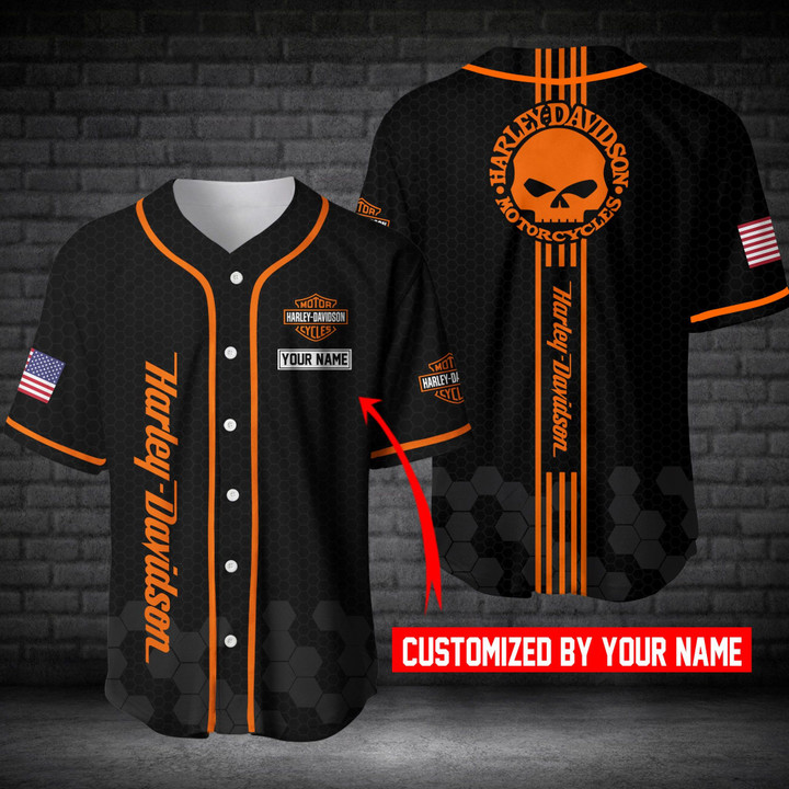 Custom name orange skull Harley Davidson Baseball Jersey