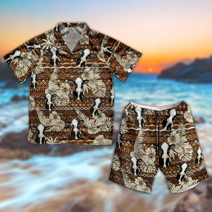 Tropical Vintage Dairy Cow Hawaiian Shirt And Shorts Set