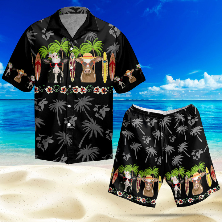 Tropical Coconut Tree Cow Hawaiian Shirt And Shorts Set