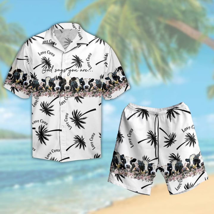 White Tropical Coconut Tree Cow Hawaiian Shirt And Shorts Set