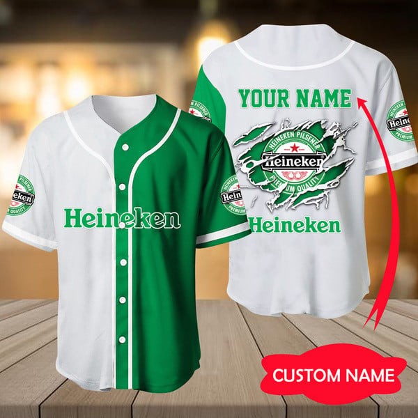 Personalized White Green Heineken Baseball Jersey