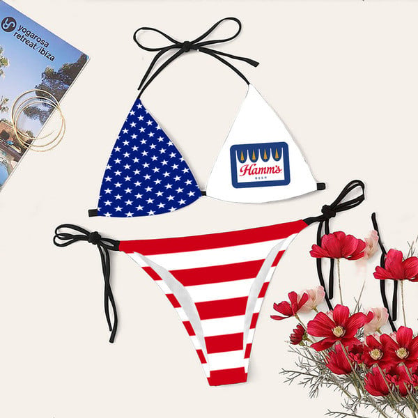 American Flag Hamm's Beer Bikini Set Swimsuit Beach