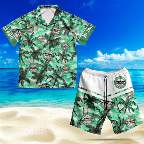 Custom Tropical Heineken Hawaiian Shirt And Swim Trunks Set