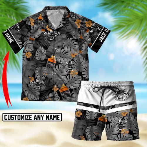 Custom Tropical Jack Daniels Hawaiian Shirt And Swim Trunks Set