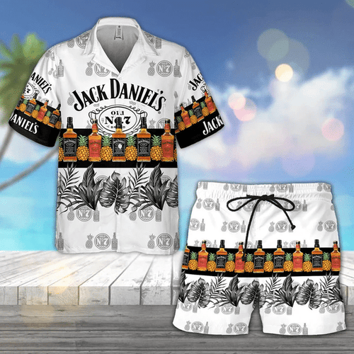 Tropical Pineapple Jack Daniels Hawaiian Shirt And Swim Trunks Set