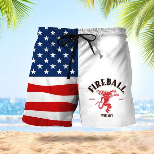 Vintage USA Flag Fourth Of July Fireball Whisky Swim Trunks