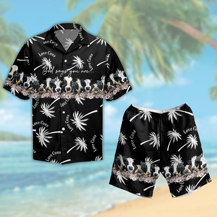 Black Tropical Coconut Tree Cow Hawaiian Shirt And Shorts Set
