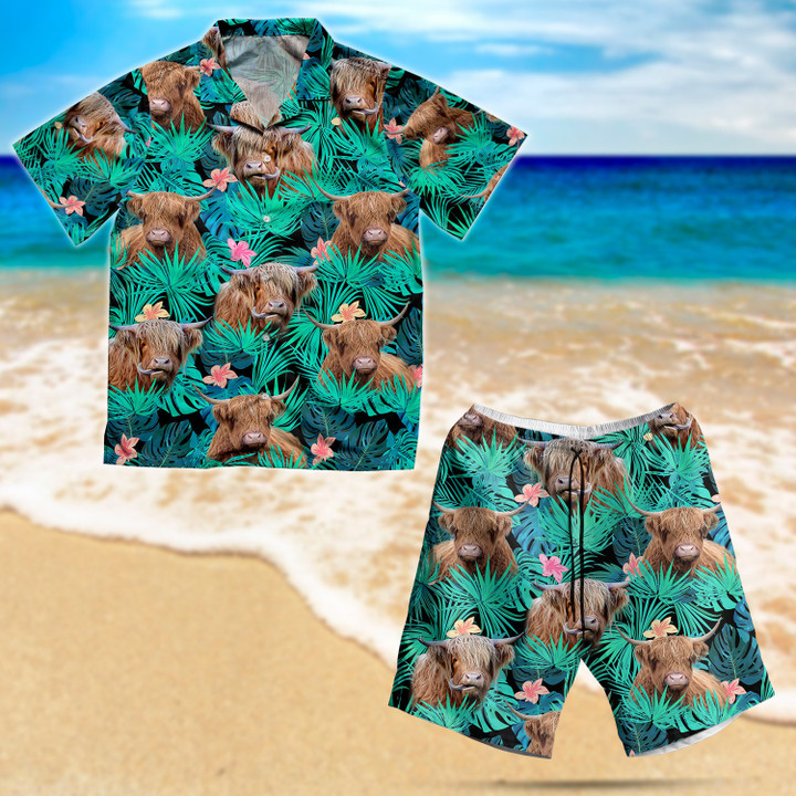 Tropical Highland Cow Hawaiian Shirt And Shorts Set
