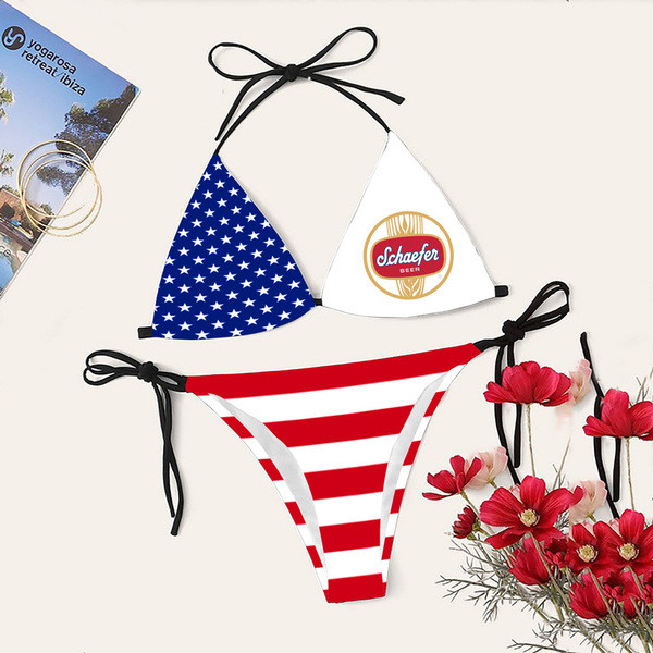 American Flag Schaefer Beer Bikini Set Swimsuit Beach