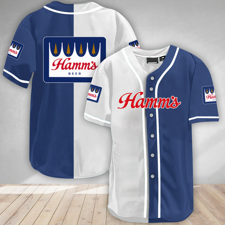Blue White Hamm's Beer Baseball Jersey
