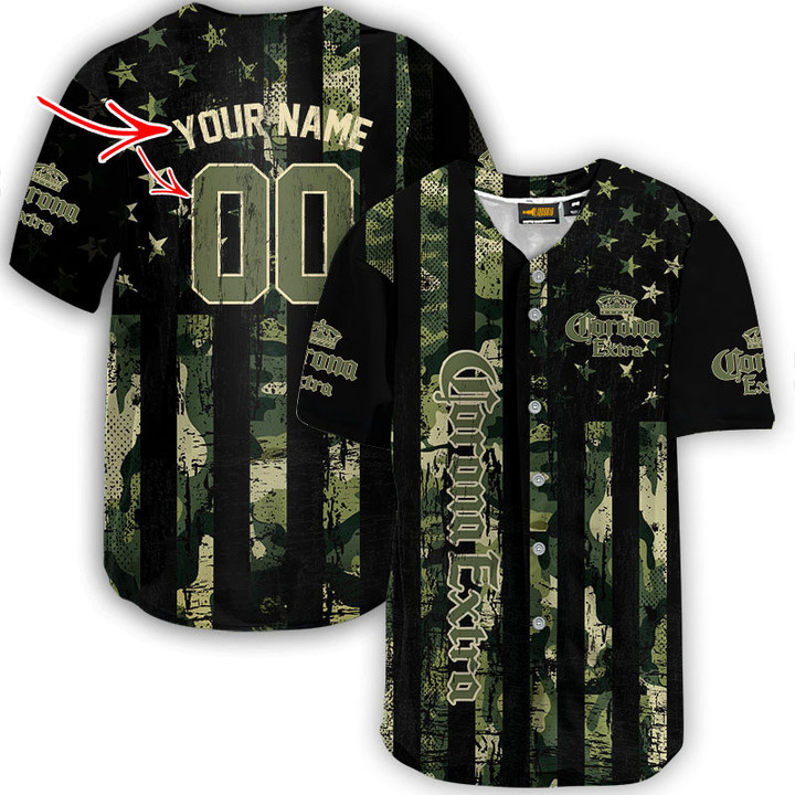Custom Camouflage Green US Flag Corona Extra Baseball Jersey
