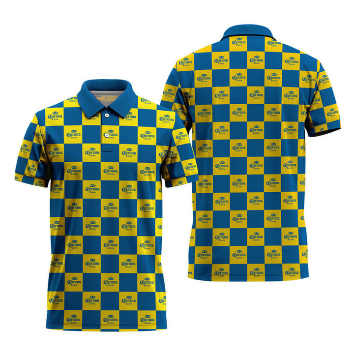 Corona Extra Blue And Yellow Checkerboard Polo Shirt