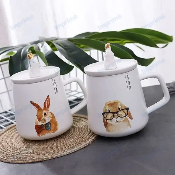 Cartoon gold rabbit ceramic mug with spoon