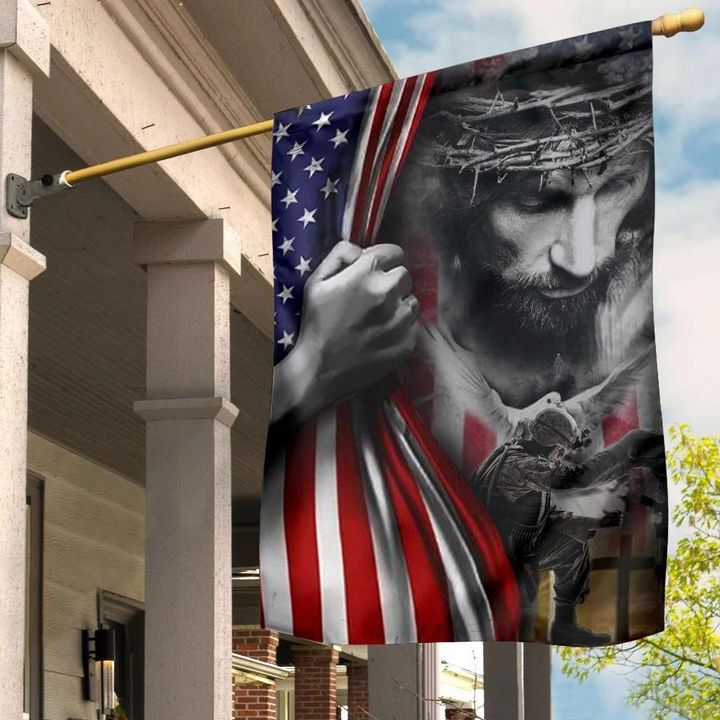 Soldier Kneeling Jesus Flag Inside American Flag Christian Memorial Military Fallen Soldiers DC