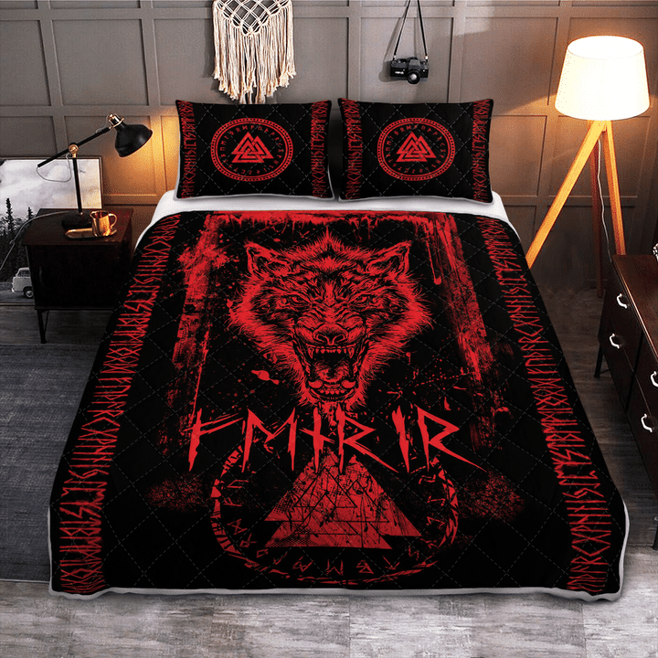 Fenrir Wolf - Valknut And Rune - Viking Quilt Bedding Set TU